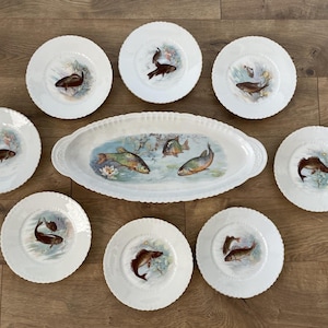 Antique Victoria Austria Porcelain Fish Platter and Plate Set 9 pc