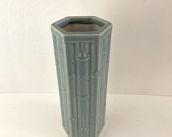 Vintage Tiki / Bamboo Motif Porcelain Art Pottery Vase 12" tall Seafoam Green