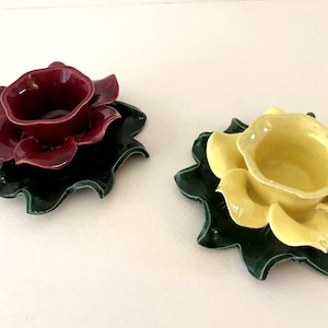 Pair Vintage Starnes Hand Made Art Pottery Votive Candle Holders Flower Blossom