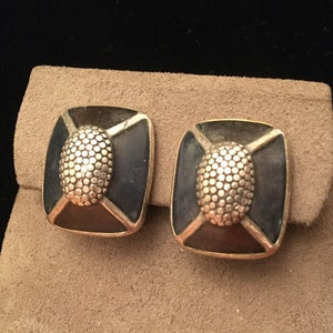 Vintage Silver-tone Black Enamel Clip-on Earrings 80s