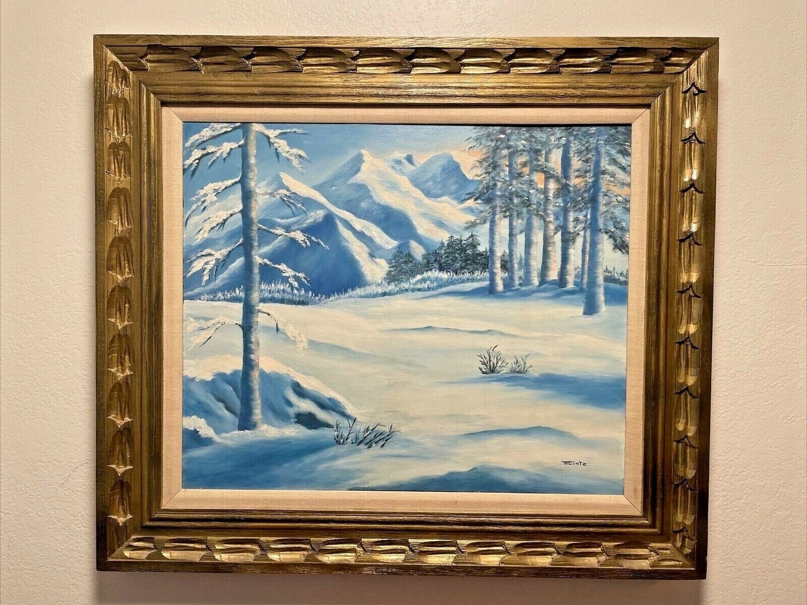 早割クーポン！ Vintage Original Painting Mountain Winter Landscape Signed 絵画