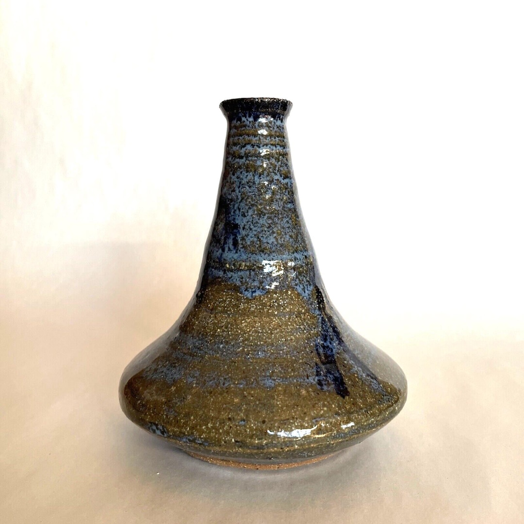 Vintage Squat Bottom Hand Thrown Studio Art Pottery Bud Vase Blue Drip ...