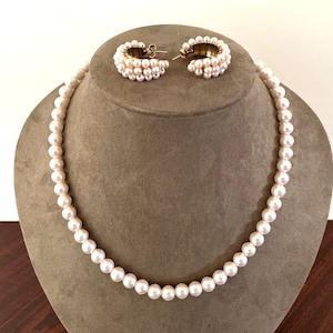 Vintage Costume Pearl Necklace & Earring Set Pierced Partial Hoop Gold-tone