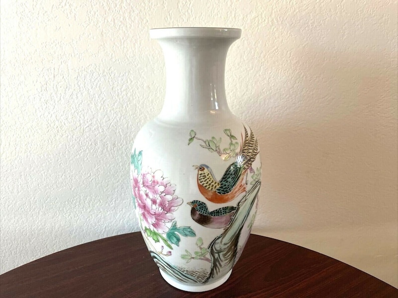 Large Vintage Hand Painted Oriental Vase Pheasant Birds Floral 14" - Etsy
