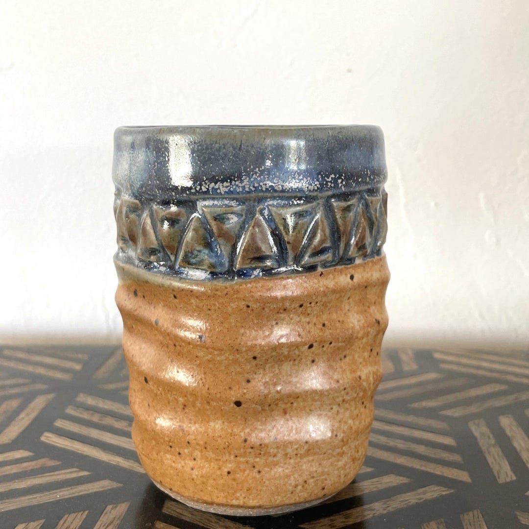 Hand Thrown Art Pottery Tumbler or Small Vintage Vase 4x3" Signed Blue ...