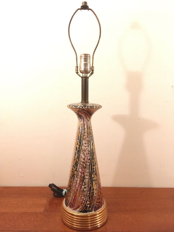 Vintage Mcm Art Pottery Table Lamp Black White W Gold Abstract Glaze