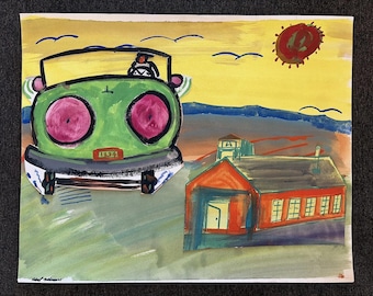 Vintage 80s Outsider Art Schoolhouse Landscape Painting Robert Gilkerson