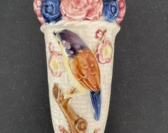 Vintage Art Pottery Wall Pocket Bird Flowers Japan