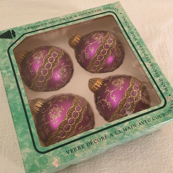 Box 4 Krebs Purple Gold Vintage Glass Christmas Ornaments Ribbon Glitter