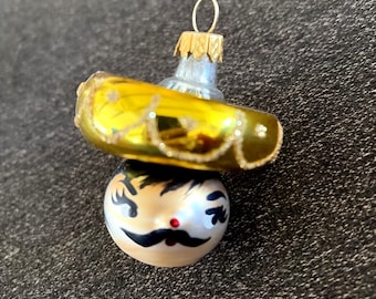 Vintage Figural Glass Mexican Mariachi Christmas Ornament Sombrero Head Yellow