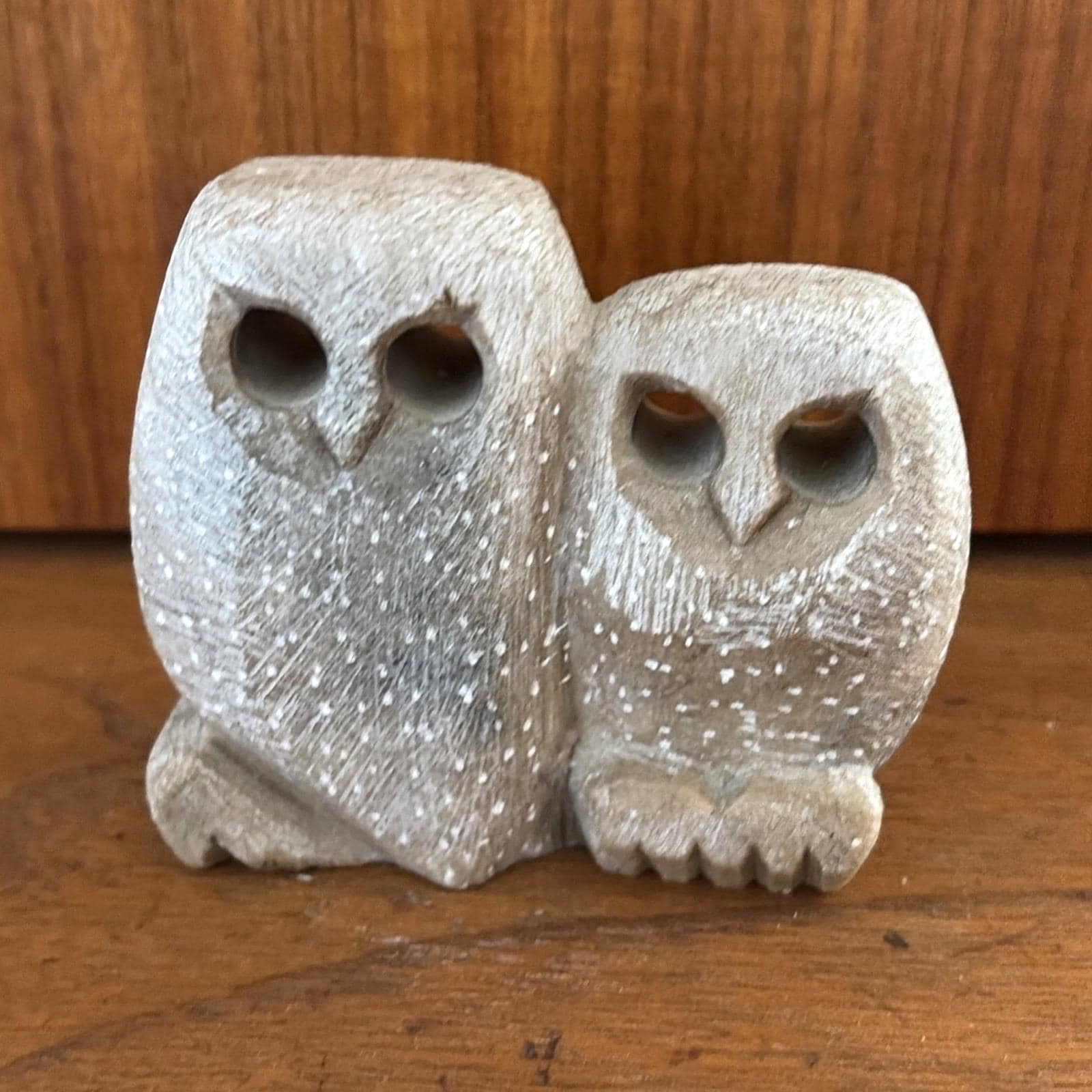Vintage MCM Russian Stone Owl Pair Carving Figurine Handcrafted Soapstone 3.25&rdquo;