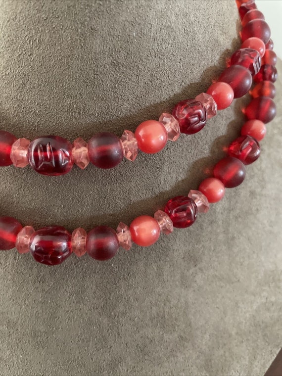 Vintage Red w Pink Plastic Bead 2-strand Choker N… - image 3