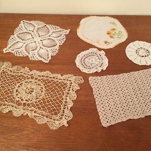 Mixed Lot 6 Vintage Doilies Handmade Crochet / Needlepoint Doily large small ecru white round square