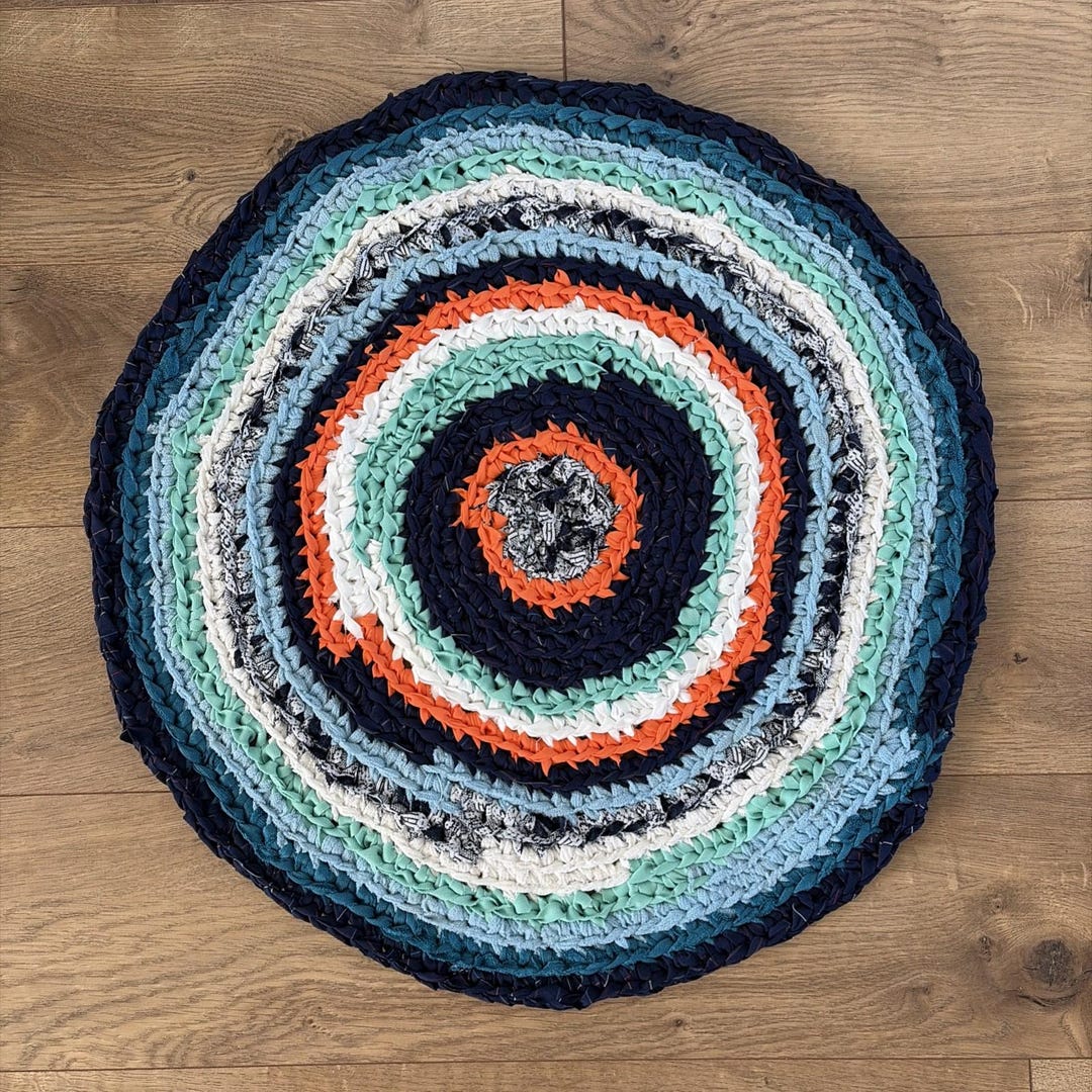 Vintage Handmade Round Crochet Throw Rug 21” Blue Green Orange Cottage ...