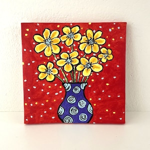 Original Yellow Flower Bouquet Expressionism Painting 10x10&quot; Canvas
