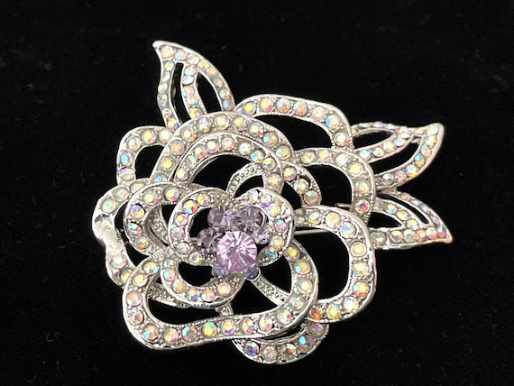 Vintage Rose Flower Rhinestone Brooch / Pin Purple & Clear