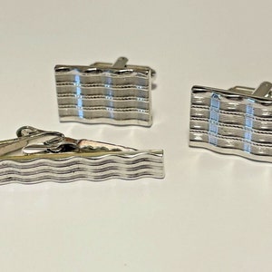 Vintage MCM Silver-tone WAVE RETRO Tie Clasp & Cufflink set Mid Century Modern