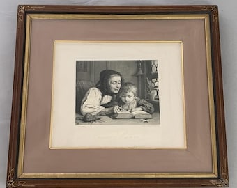 Antique Grand Maman THE READING LESSON Engraving Print Early American Frame