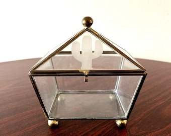 Vintage Brass and Glass Trinket Box Etched Cactus 5x4x5"