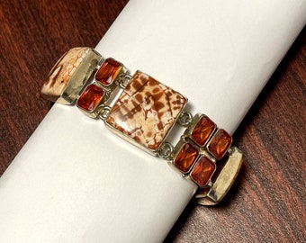 Vintage Sterling Silver Orange Jasper Stone Crystal Toggle Linked Bracelet 8"