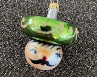 Vintage Figural Glass Mexican Mariachi Christmas Ornament Sombrero Head Green