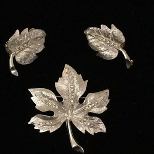 Vintage Silver-tone w/ Rhinestone Maple Leaf Brooch and Clip-on Earring set