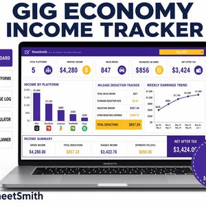 May include: A laptop screen displays a "GIG ECONOMY INCOME TRACKER" dashboard. The interface shows income, mileage, and tax information, with charts and graphs. The screen also displays the text "SheetSmith" and "8 Tabs Included".
