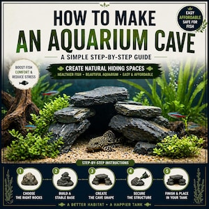 May include: An instructional guide titled "HOW TO MAKE AN AQUARIUM CAVE" with step-by-step instructions. The image shows a constructed cave made of dark gray rocks, surrounded by green plants and fish. The guide promises to create natural hiding spaces for healthier fish.