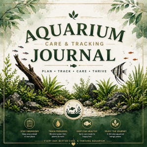 Puede incluir: Un diario ilustrado de cuidado de acuarios con el título "AQUARIUM CARE & TRACKING JOURNAL". La imagen presenta una escena submarina con peces, plantas y el texto "PLAN • TRACK • CARE • THRIVE". Texto adicional incluye "STAY ORGANIZED", "TRACK PROGRESS", "KEEP FISH HEALTHY" y "ENJOY THE JOURNEY".