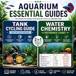May include: An aquarium guide with the title "Aquarium Essential Guides". The guide includes a tank cycling guide and a water chemistry reference chart. The image features fish and plants, with text about water parameters and safe levels.