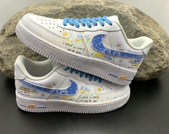 Custom Blue Daisy Hand-Painted Shoes, Floral Art Sneakers, Personalized Starry Sky Graffiti Footwear, Custom Air Force 1 Sneakers Art Design