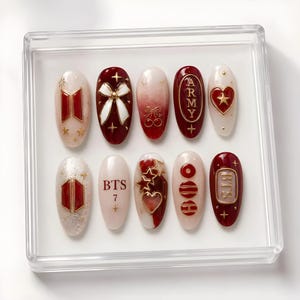 BTS Arirang Press On Nails | Dark Cherry Bordeaux 3D Bow Gold Frame K-pop