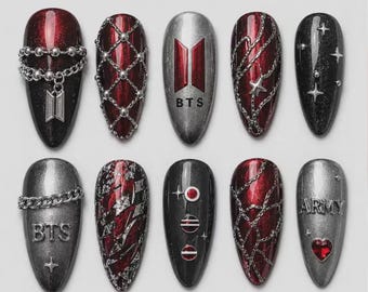 Faux ongles BTS ARMY | Ongles chromés rouges et noirs | Kit d'ongles inspiré des concerts K-pop | Ongles gothiques en amande avec chaîne métallique