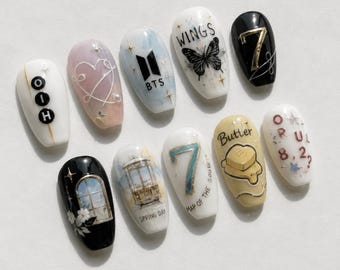 Presse sur les ongles inspirée des BTS | ARMY Kpop Album Era Art (beurre, ailes)