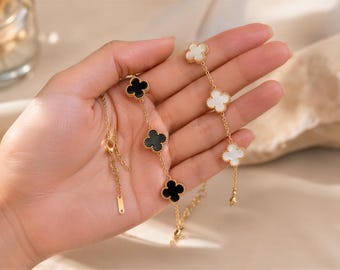 Gold Clover Charm Bracelet, Stainless Steel, Black, Ivory, Red, Lucky Jewelry
