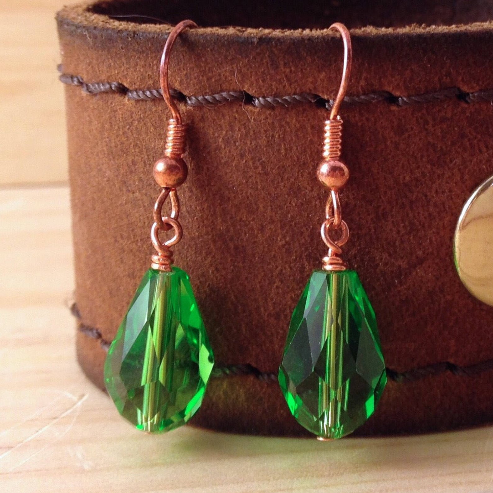 FOUR GREEN FIELDS / Emerald Green Crystal & Copper Earrings Etsy