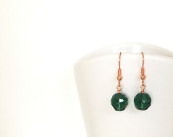 GAIA / Emerald Czech Glass Earrings, Green Faceted Crystal Earrings, Minimalist Copper Jewelry, May Birthstone, Delicate Mother's Day Gift
