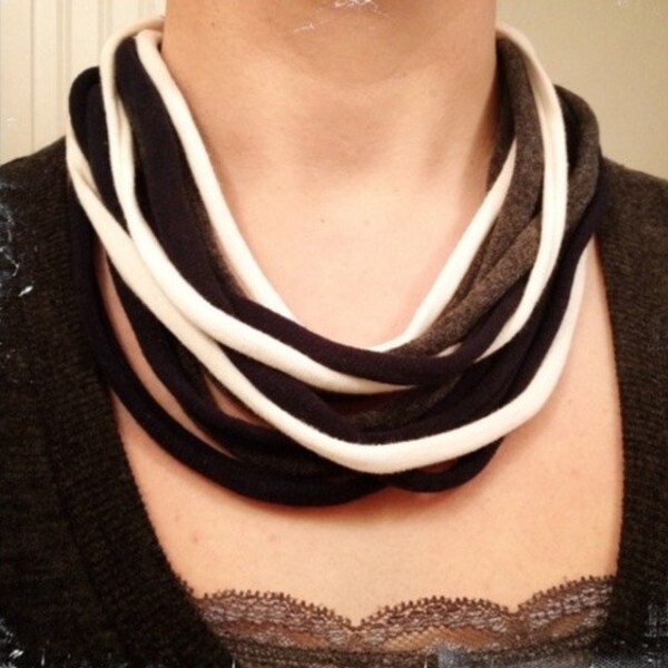 Upcycled Navy, Grey & White T-shirt Scarf Necklace