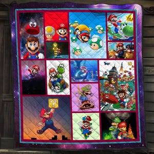 May include: A quilted blanket featuring a collage of various Super Mario video game scenes and characters, including Mario, Luigi, Yoshi, and Toad. The design is divided into rectangular panels with a purple galaxy-themed border and stitching.