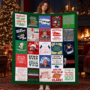 May include: A quilted throw blanket featuring a grid of 25 squares with various National Lampoon's Christmas Vacation movie quotes, character illustrations, and holiday-themed graphics in red, green, white, blue, and black colors.