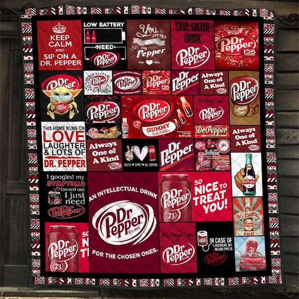 Dr Pepper Quilt Blanket, Soda Lovers Fleece Throw, Cozy Drink Gift