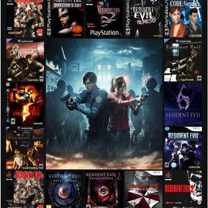 Op de afbeelding: Een collage van Resident Evil videogamehoezen met diverse titels waaronder Resident Evil, Director's Cut, 2, 3 Nemesis, Code: Veronica, 4, 5, 6, Zero, Revelations, Revelations 2, The Darkside Chronicles en The Umbrella Chronicles.