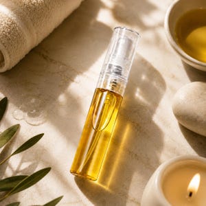 May include: A clear cylindrical glass spray bottle filled with a golden amber liquid. The bottle features a transparent plastic spray nozzle and cap, revealing the internal tube mechanism. The liquid inside is translucent and reflects light.
