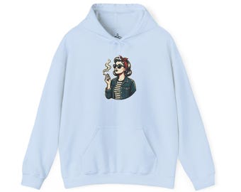 Felpa con cappuccio con illustrazione di una ragazza che fuma in stile retrò / Stampa posteriore con graffiti rilassati