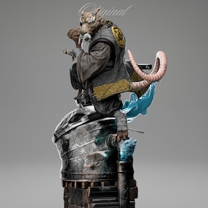 May include: A detailed sculpture of a rat-like figure in a warrior's attire, holding a sword. The figure is perched atop a metallic structure with a blue, cloud-like element. The sculpture features intricate details and a dynamic pose.