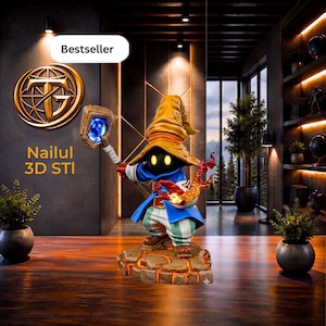 May include: A 3D printed figurine of a hooded mage character wearing a yellow hat, blue coat, and striped trousers. The figure holds a staff with a glowing blue orb and has flames on one hand, standing on a base resembling cracked lava.