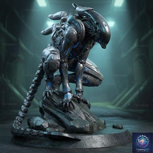 Puede incluir: Una figura alienígena detallada, de color gris oscuro con detalles azules, posada sobre una base rocosa. La criatura tiene un diseño elegante y mecánico con una larga cola segmentada. El texto "3d mikron" y "ligacy3D" es visible.