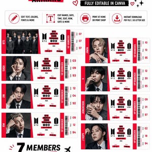 May include: An editable ticket bookmark template featuring BTS World Tour Arirang branding. The design includes individual concert ticket layouts for seven members and one group, with placeholders for seat, row, and gate numbers in red and white.