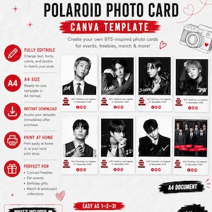 Puede incluir: Una plantilla digital de Canva para tarjetas fotográficas Polaroid de BTS World Tour Arirang en tamaño A4. El diseño presenta ocho retratos en blanco y negro de los miembros de la banda con texto que incluye SoFi Stadium, Los Angeles, 01 de septiembre de 2026, e instrucciones para editar, descargar e imprimir.