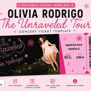 Puede incluir: Una plantilla de entrada de concierto editable para The Unraveled Tour de Olivia Rodrigo. El diseño presenta una sección negra con texto rosa y una foto de una persona con un vestido claro, y una sección rosa con detalles de 21,59 x 6,99 cm.